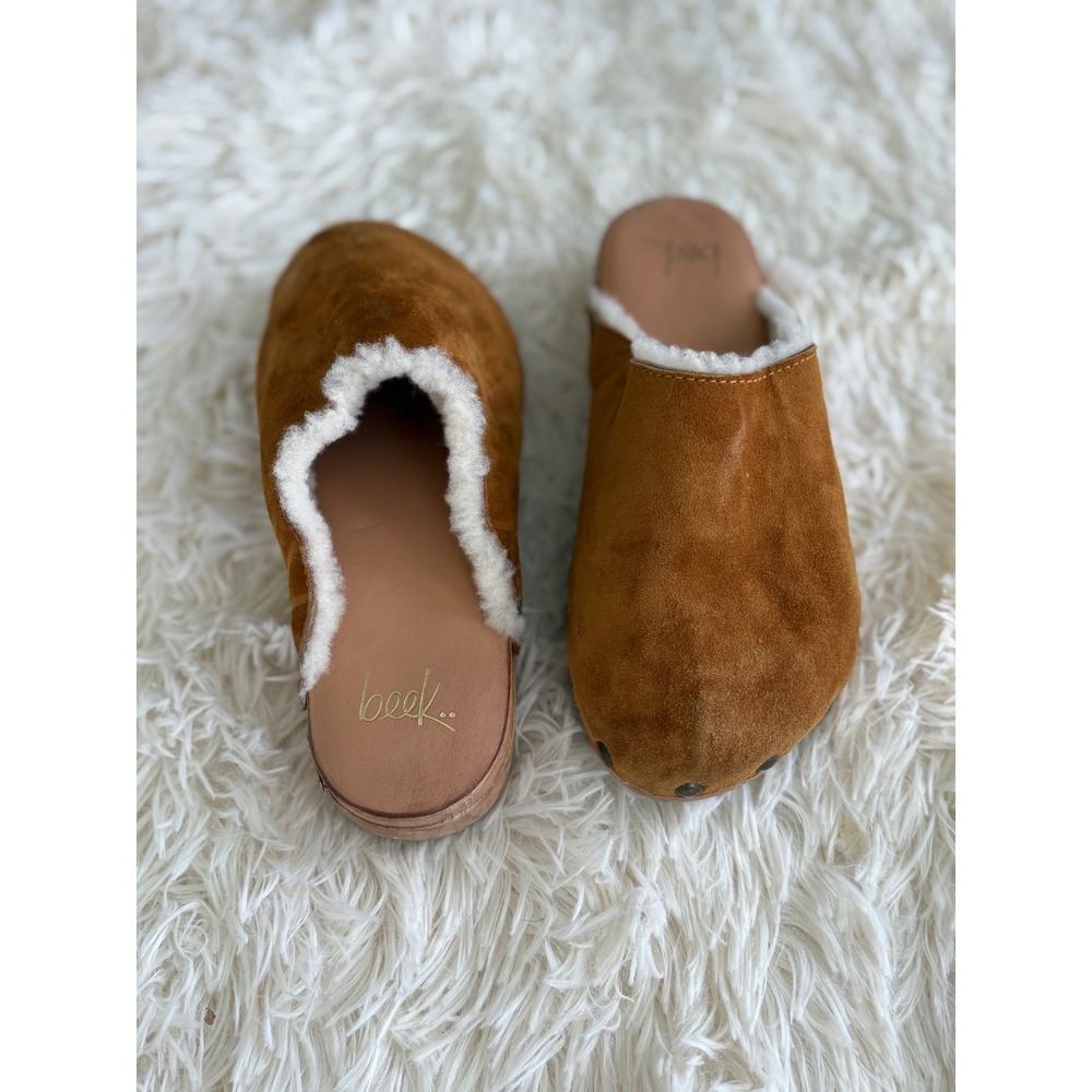 Beek Anthropology‎ Suede Clogs Shearling Lined Wooden Platform Slip On Mules
